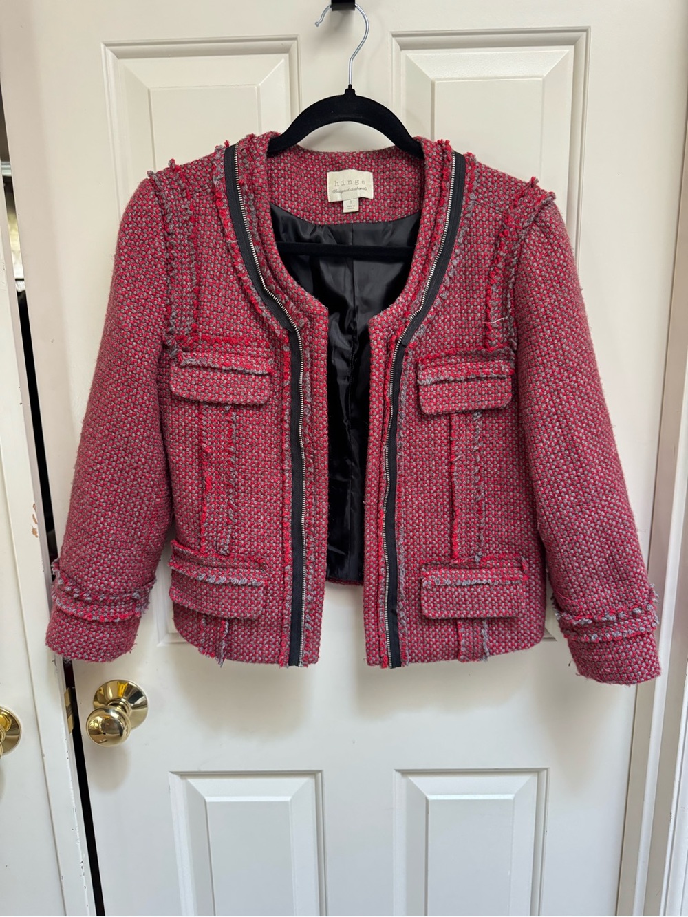 Hinge Designed In Seattle Tweed Red And Grey Cropped Jacket